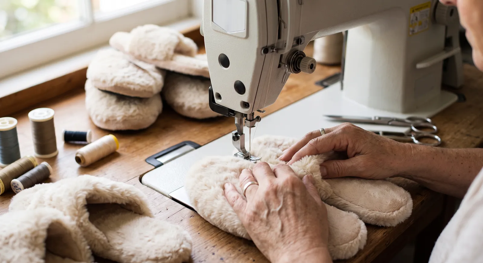 Atölyemizde peluş terlik dikilirken çekilmiş kare
