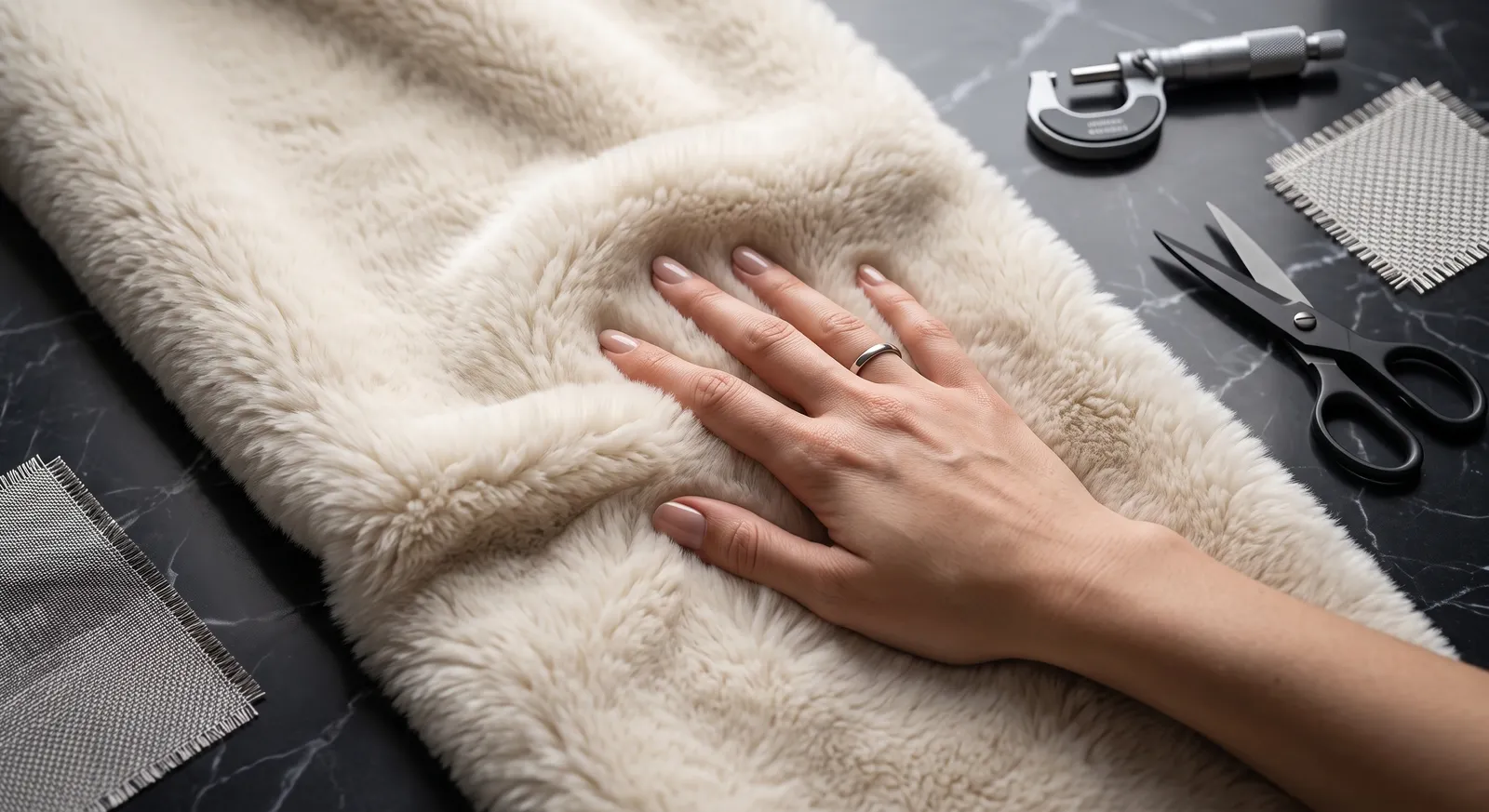 Peluş kumaşın yoğunluğunu elle kontrol eden bir çalışan